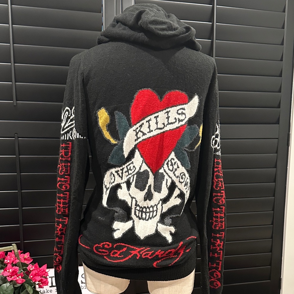 Ed Hardy Black Zip-Up Hoodie with Red Accents